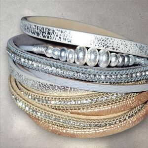 Pair Leathery Crystal Wrap Chokera or Bracelets Goldtone, Silvertone ~14in